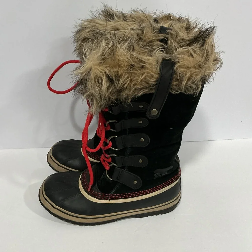 Sorel Joan of Arctic Boots, Black Red, Womens Size 8.5, Waterproof Winter Snow
